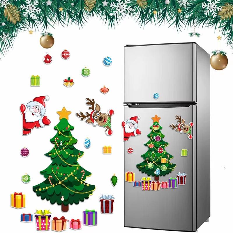 Magnetic Christmas Tree for Refrigerator Door Decor with Santa Reindeer Holiday Magnets Festive Fridge Metal Garage Stickers