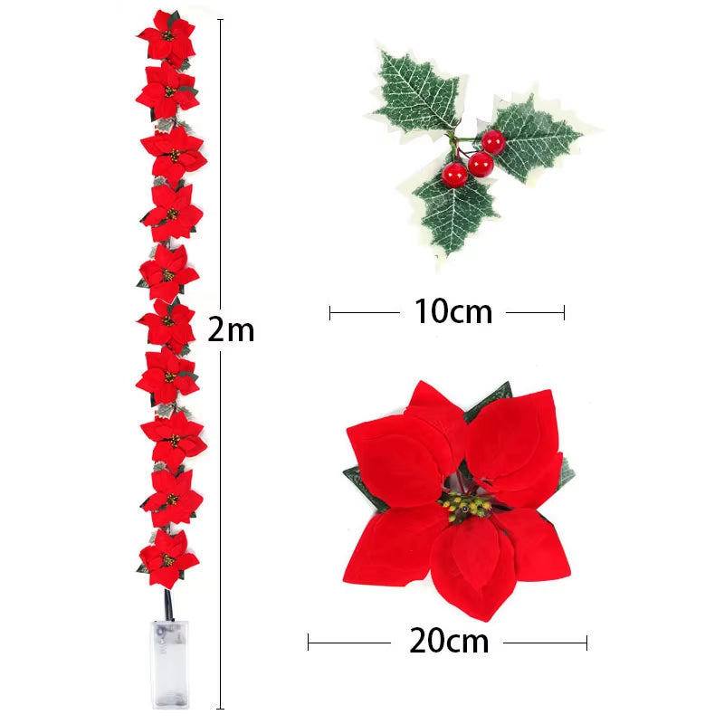 2/3M Christmas Poinsettia Flowers Garland String Lights Xmas Tree Decoration Ornament Christmas Home Decoration 2023 Navidad