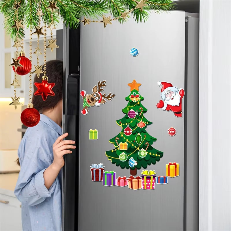 Magnetic Christmas Tree for Refrigerator Door Decor with Santa Reindeer Holiday Magnets Festive Fridge Metal Garage Stickers