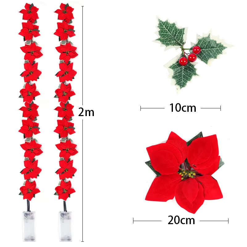 2/3M Christmas Poinsettia Flowers Garland String Lights Xmas Tree Decoration Ornament Christmas Home Decoration 2023 Navidad