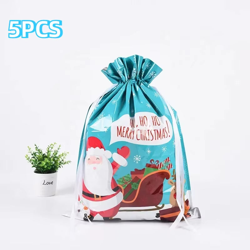 Christmas Gift Bags 5PCS Stand up Drawstring Foil Gift Wrapping Sacks Pouches for Xmas Presents Party Favor Decoration Supplies