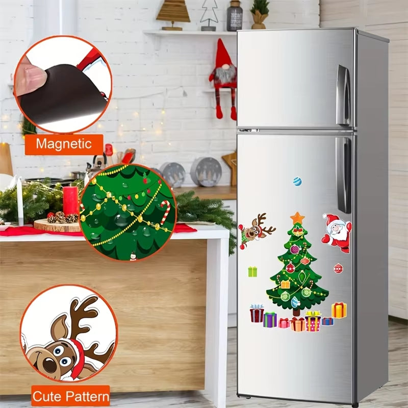 Magnetic Christmas Tree for Refrigerator Door Decor with Santa Reindeer Holiday Magnets Festive Fridge Metal Garage Stickers