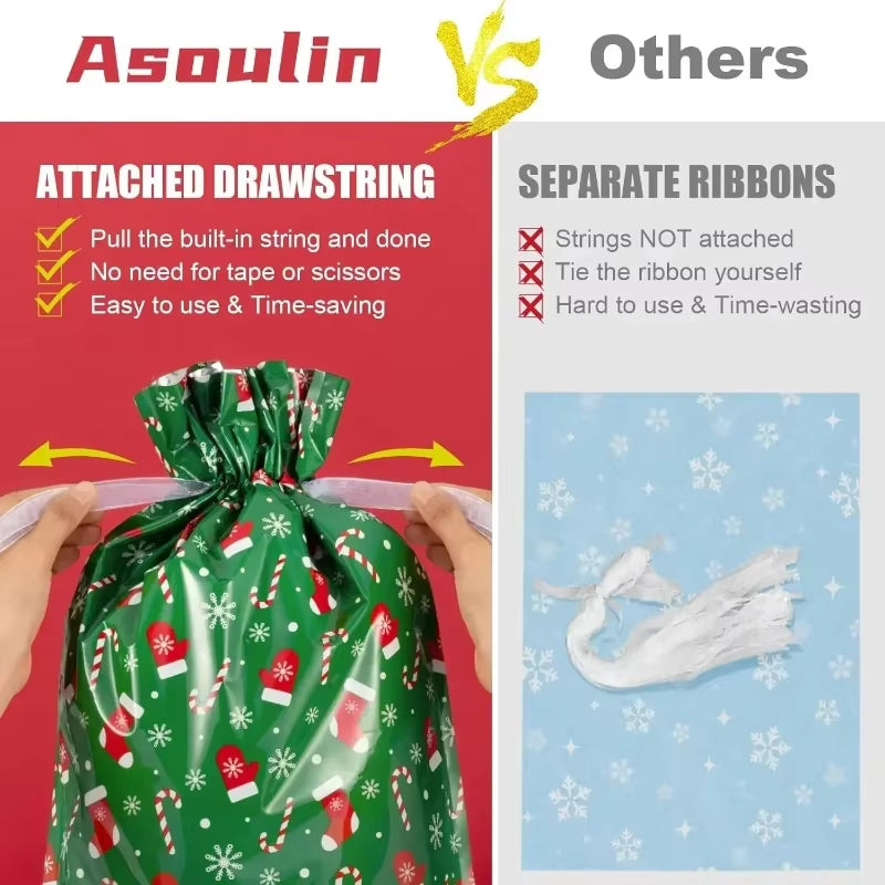 Christmas Gift Bags 5PCS Stand up Drawstring Foil Gift Wrapping Sacks Pouches for Xmas Presents Party Favor Decoration Supplies