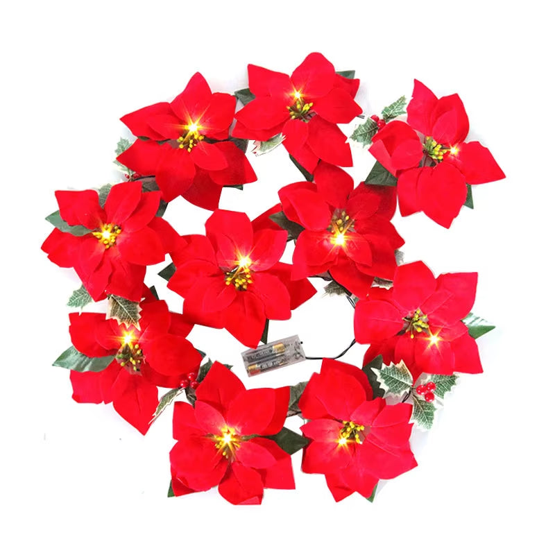 2/3M Christmas Poinsettia Flowers Garland String Lights Xmas Tree Decoration Ornament Christmas Home Decoration 2023 Navidad