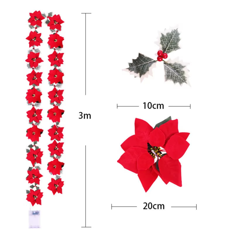 2/3M Christmas Poinsettia Flowers Garland String Lights Xmas Tree Decoration Ornament Christmas Home Decoration 2023 Navidad